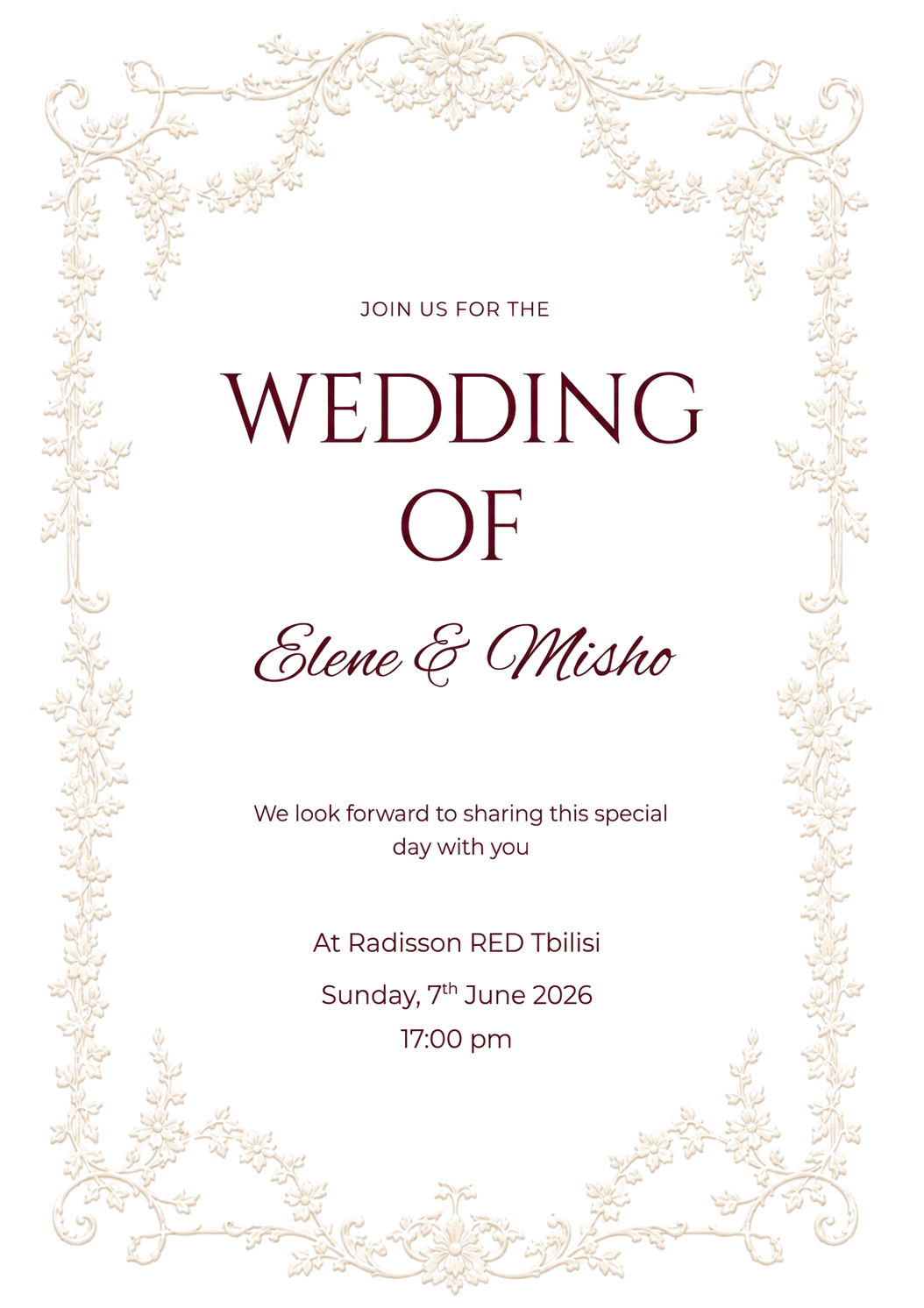 Wedding of Elene and Misho — Sunday, 7th June 2026, 17:00 at Radisson RED Tbilisi